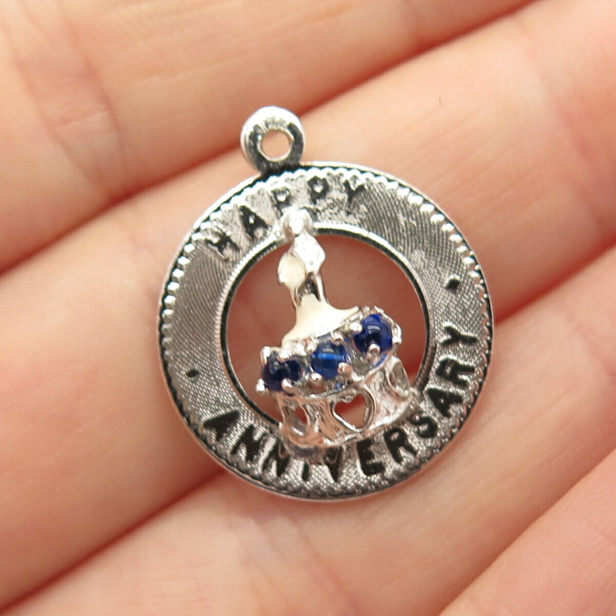 925 Sterling Silver Vintage Rhinestone & Enamel "Happy Anniversary" Pendant