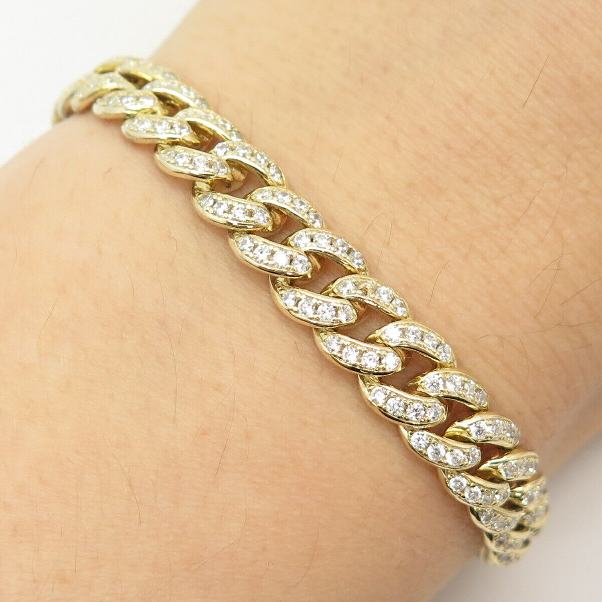 925 Sterling Silver Gold Plated Pave C Z Cuban Link Bracelet 8"