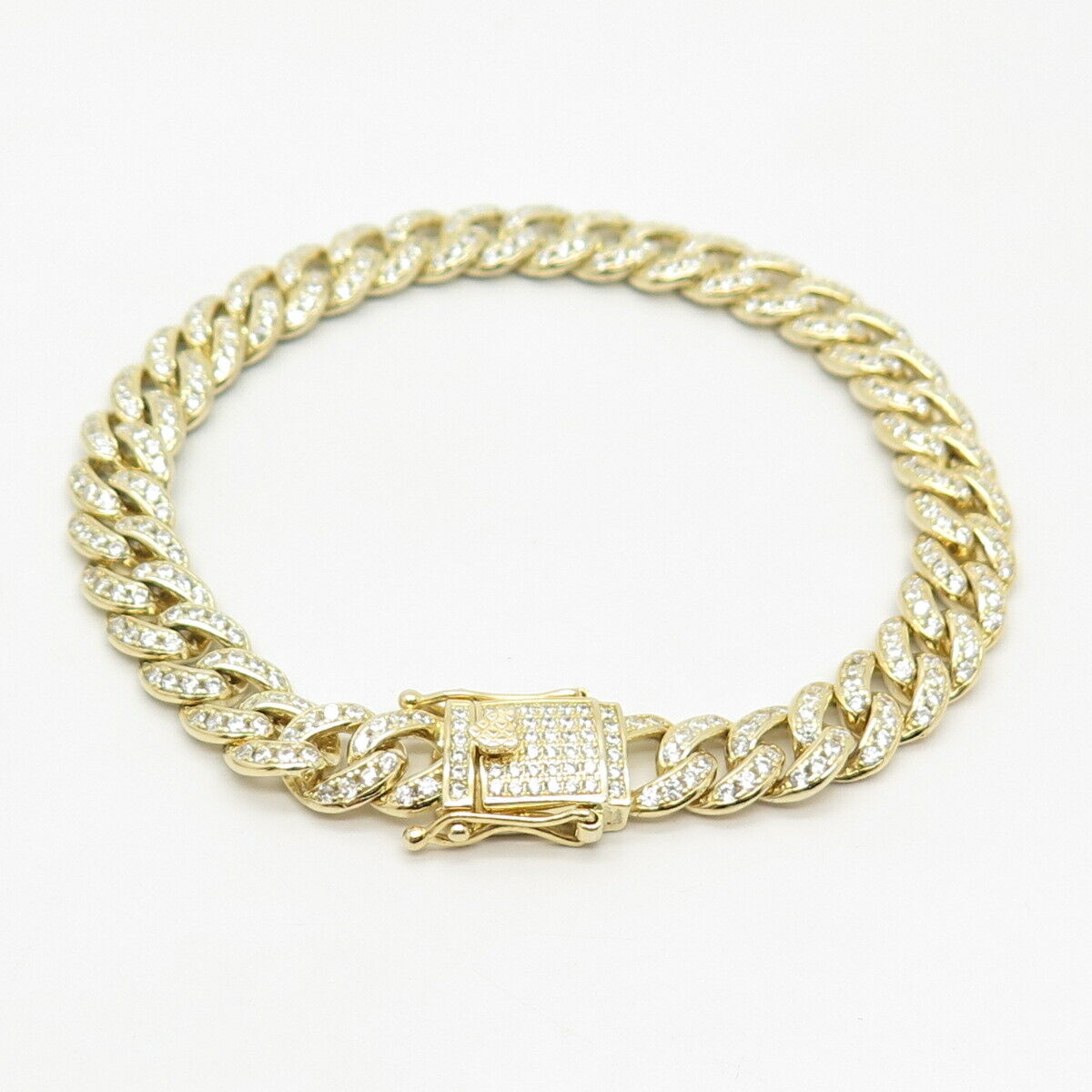 925 Sterling Silver Gold Plated Pave C Z Cuban Link Bracelet 8"