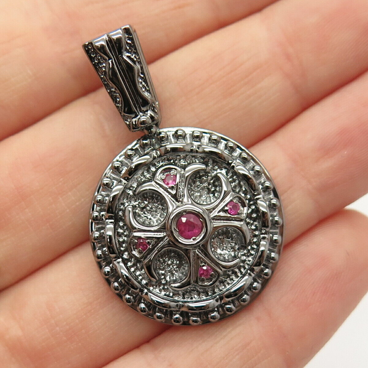 925 Sterling Silver Real Ruby Gem Ornate Round Pendant