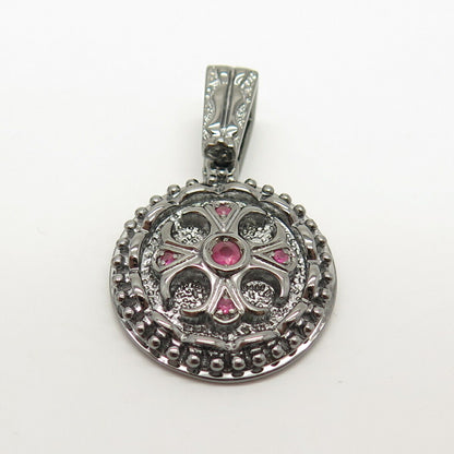 925 Sterling Silver Real Ruby Gem Ornate Round Pendant