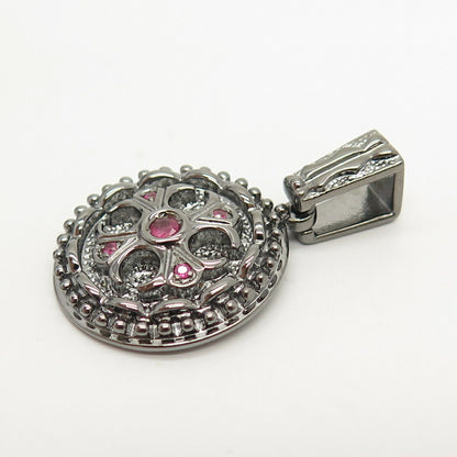 925 Sterling Silver Real Ruby Gem Ornate Round Pendant