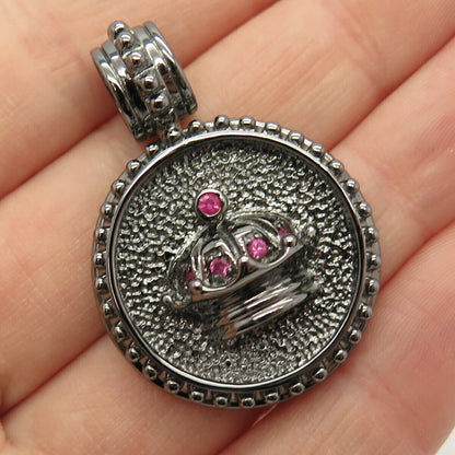 925 Sterling Silver Real Ruby Gem Crown Round Pendant