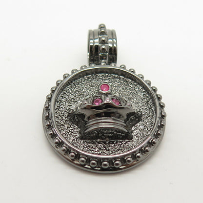 925 Sterling Silver Real Ruby Gem Crown Round Pendant