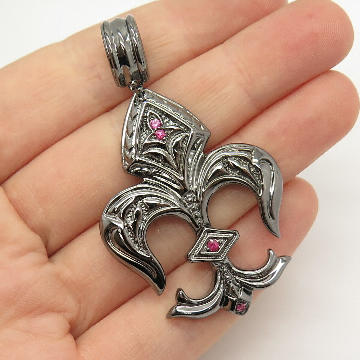 925 Sterling Silver Real Ruby Gem Fleur-de-Lis Pendant