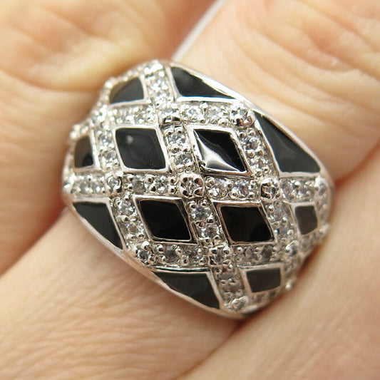 925 Sterling Silver C Z & Enamel Cage Design Wide Ring Size 6.5