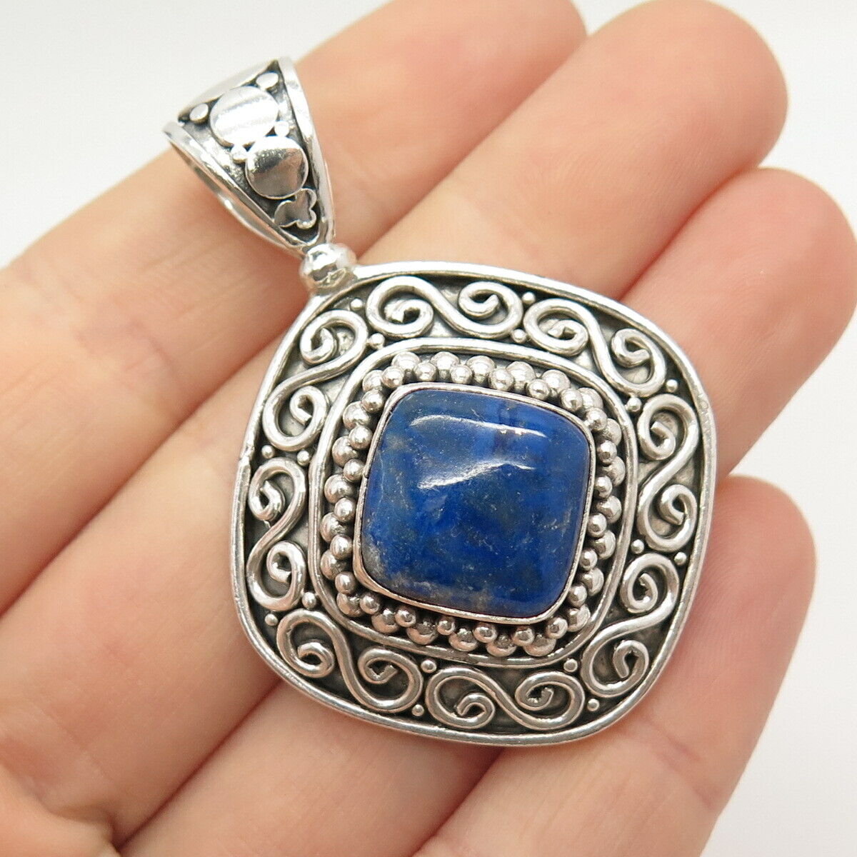 925 Sterling Silver Vintage Suarti Bali Real Lapis Lazuli Gem Ornate Pendant