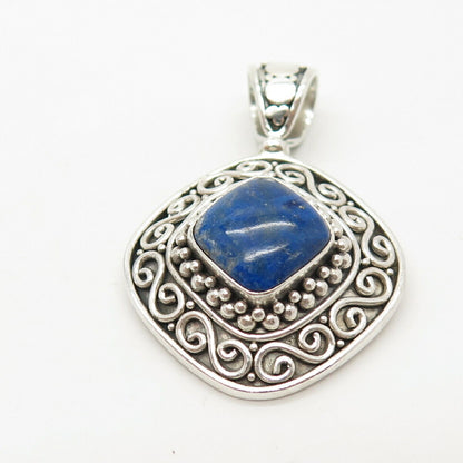 925 Sterling Silver Vintage Suarti Bali Real Lapis Lazuli Gem Ornate Pendant