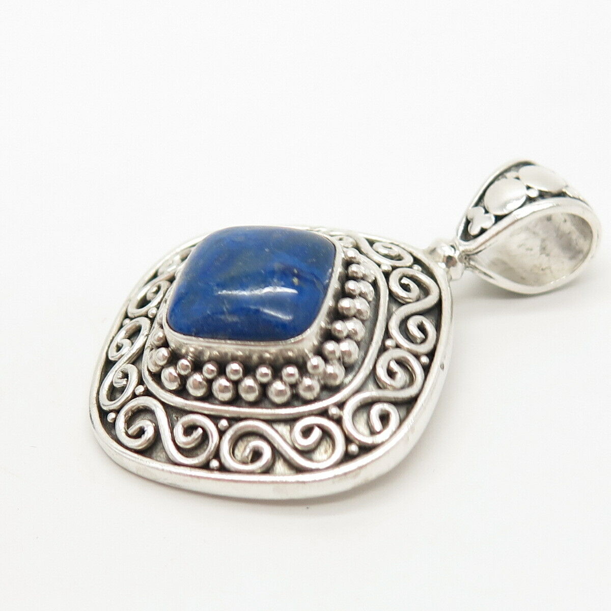 925 Sterling Silver Vintage Suarti Bali Real Lapis Lazuli Gem Ornate Pendant