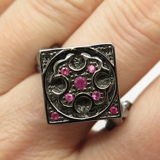 925 Sterling Silver Real Ruby Gemstone Cross Design Square Ring Size 10