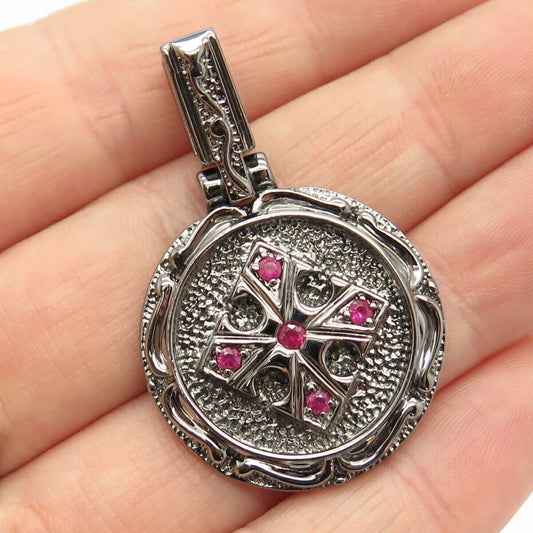 925 Sterling Silver Real Ruby Gemstone Cross Design Round Pendant