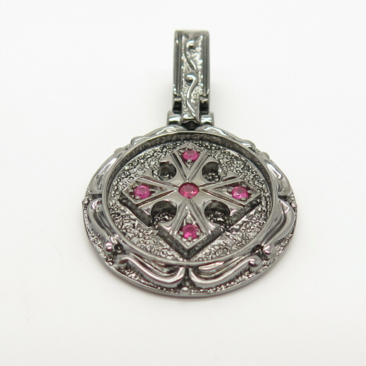 925 Sterling Silver Real Ruby Gemstone Cross Design Round Pendant