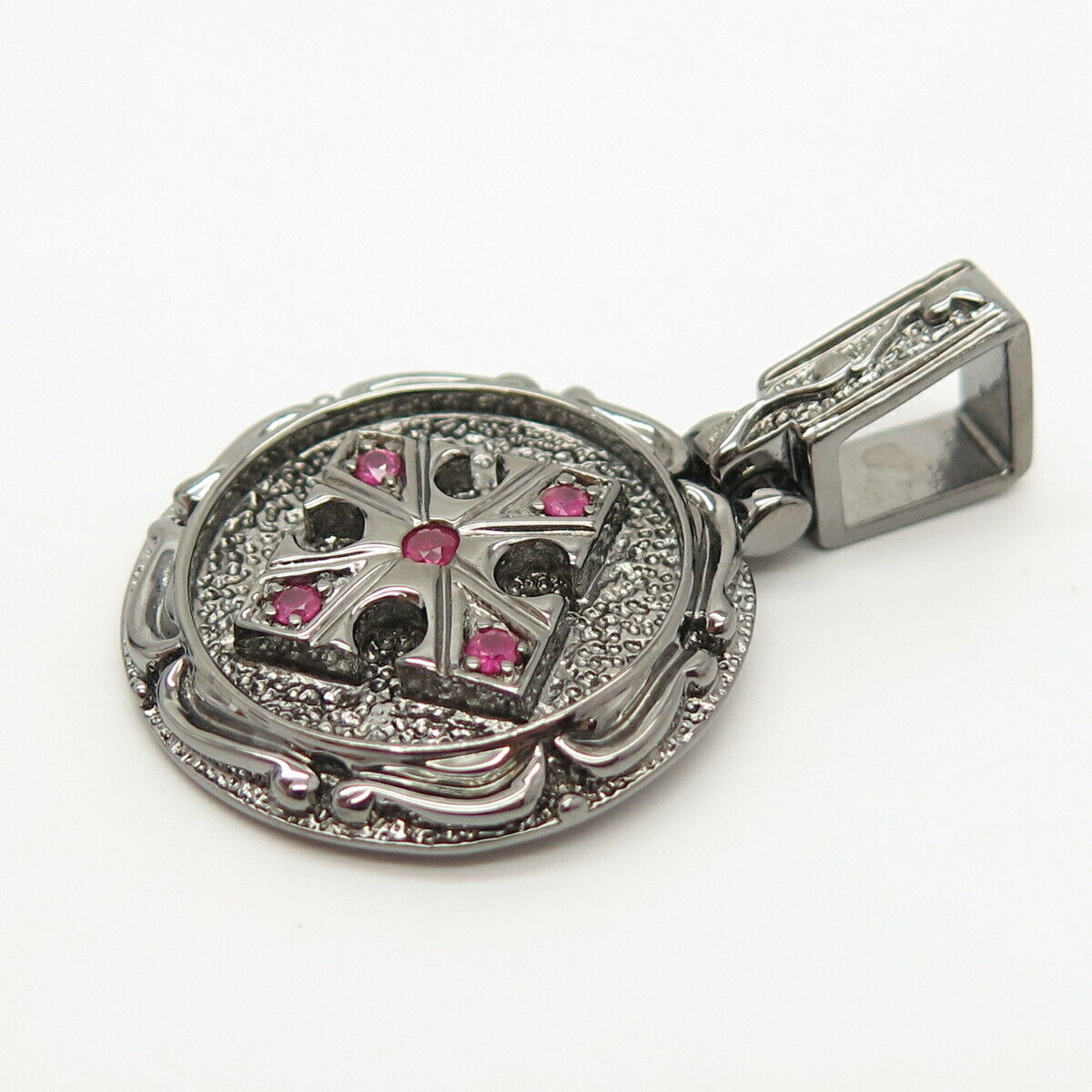 925 Sterling Silver Real Ruby Gemstone Cross Design Round Pendant