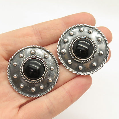 925 Sterling Silver Vintage Mexico Black Onyx Gem Ethnic Clip On Earrings