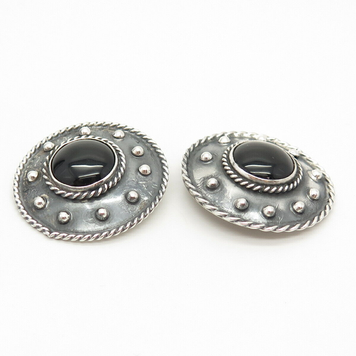 925 Sterling Silver Vintage Mexico Black Onyx Gem Ethnic Clip On Earrings