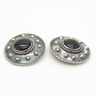 925 Sterling Silver Vintage Mexico Black Onyx Gem Ethnic Clip On Earrings