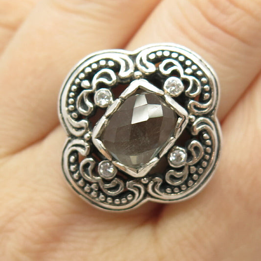 925 Sterling Silver Vintage Real Smoky Quartz & C Z Ornate Ring Size 9