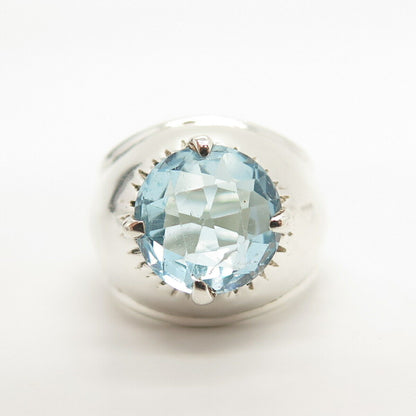 925 Sterling Silver Vintage Real Blue Topaz Gemstone Domed Ring Size 7.5