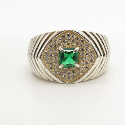 925 Sterling Silver White & Diopside-Tone C Z Ribbed Ring Size 9