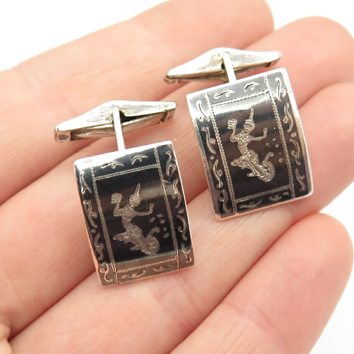 925 Sterling Silver Vintage Siam Niello Hindu Goddess Cufflinks