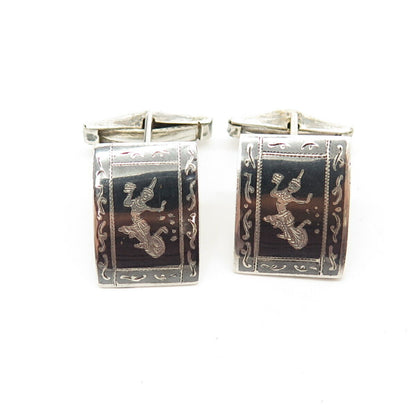 925 Sterling Silver Vintage Siam Niello Hindu Goddess Cufflinks