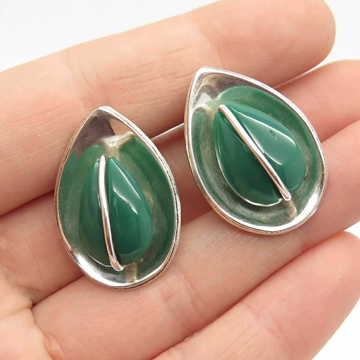 925 Sterling Silver Vintage Real Green Onyx Gemstone Screw Back Earrings