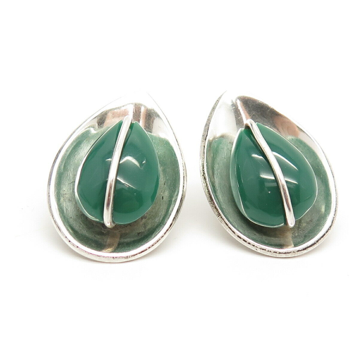 925 Sterling Silver Vintage Real Green Onyx Gemstone Screw Back Earrings