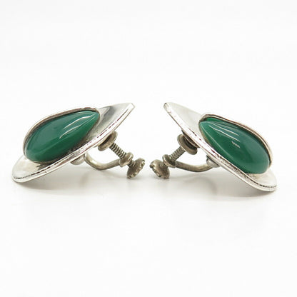 925 Sterling Silver Vintage Real Green Onyx Gemstone Screw Back Earrings