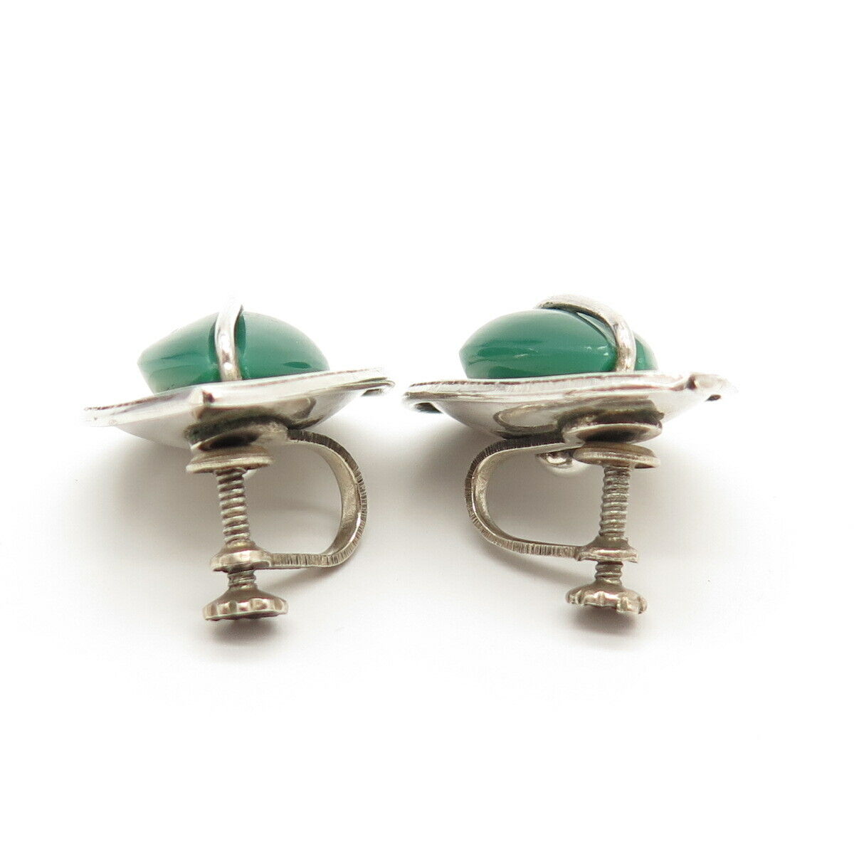 925 Sterling Silver Vintage Real Green Onyx Gemstone Screw Back Earrings