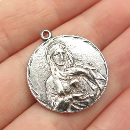 925 Sterling Silver Antique St. Mary Sacred Heart Religious Pendant