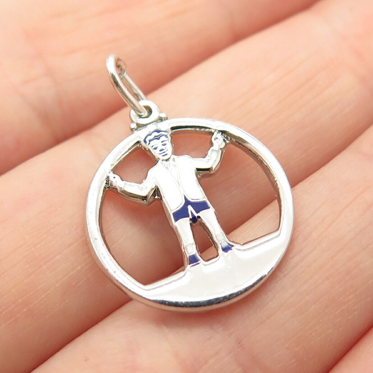 925 Sterling Silver Vintage Enamel Boy Round Pendant