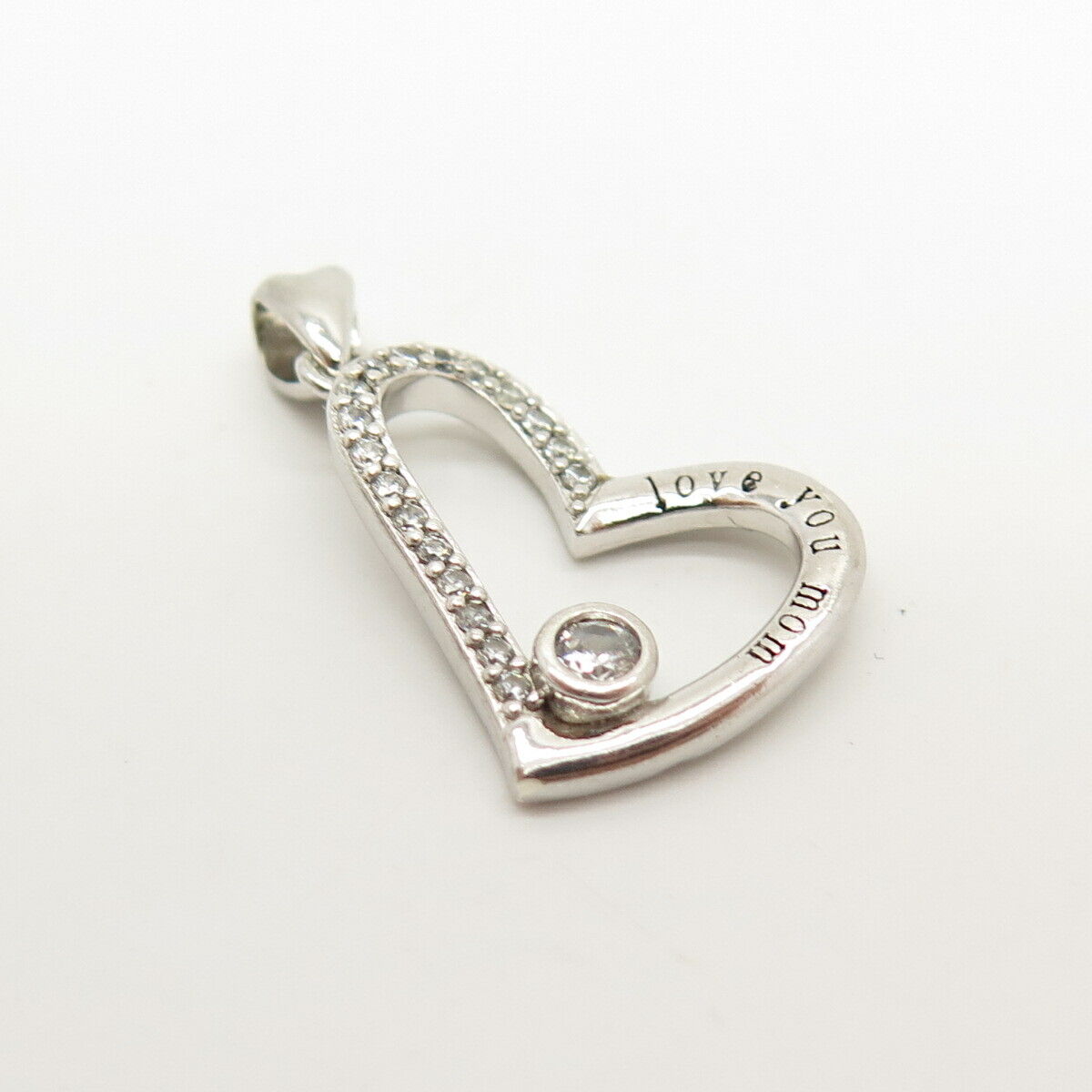 925 Sterling Silver Vintage C Z "Love You Mom" Open Heart Pendant