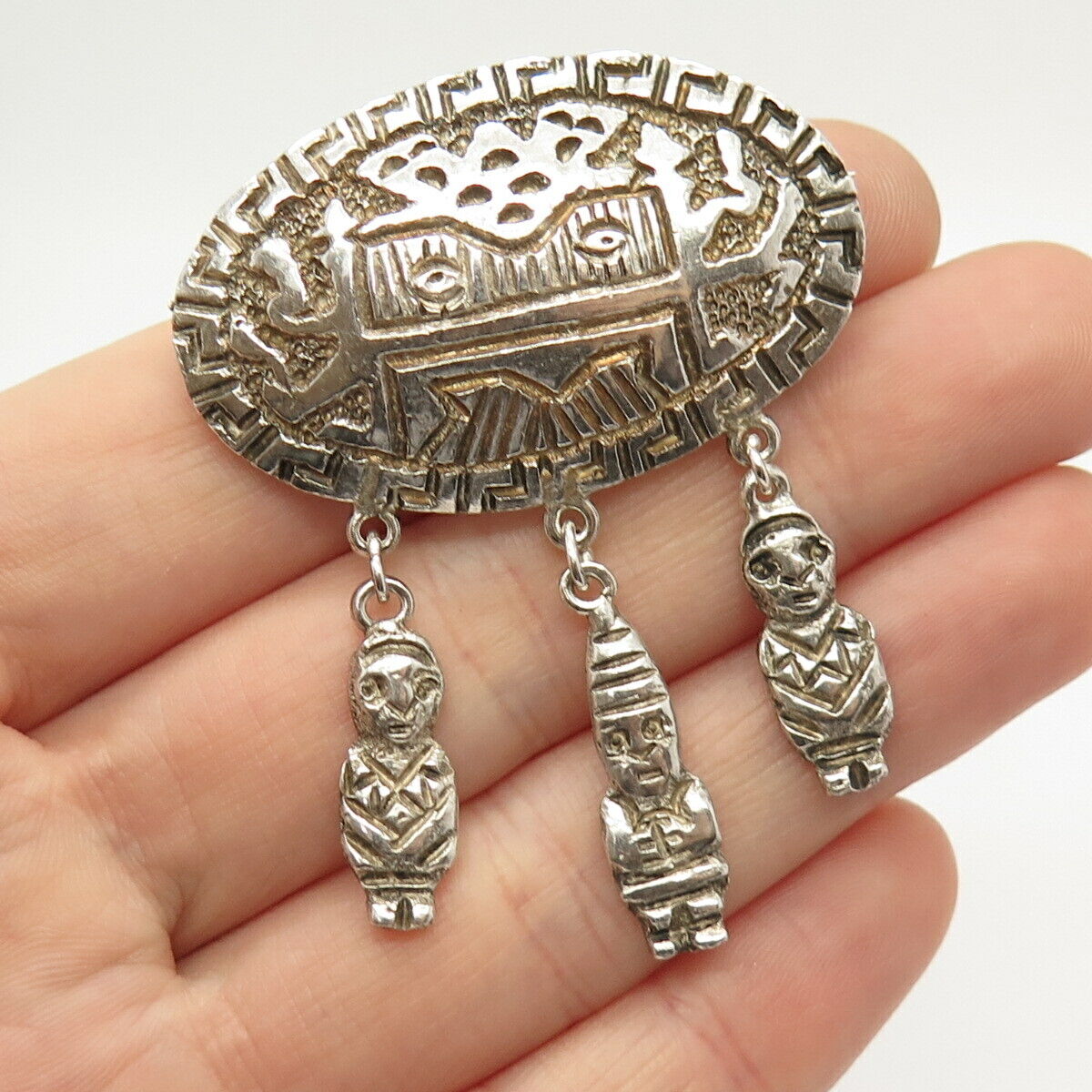 900 Silver Vintage Tribal Dangling Pin Brooch