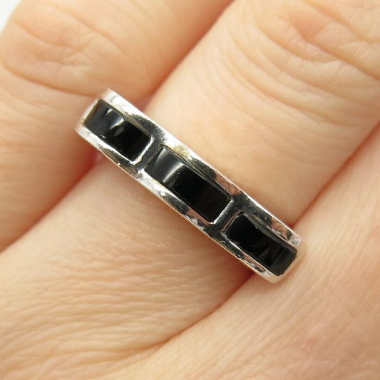 925 Sterling Silver Real Black Onyx Gemstone Gear Ring Size 5 3/4