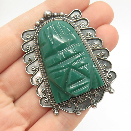 925 Sterling Silver Vintage Mexico Real Green Onyx Gem Tribal God Pin Brooch