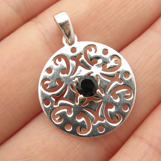 925 Sterling Silver Real Sapphire Gem Ornate Round Pendant