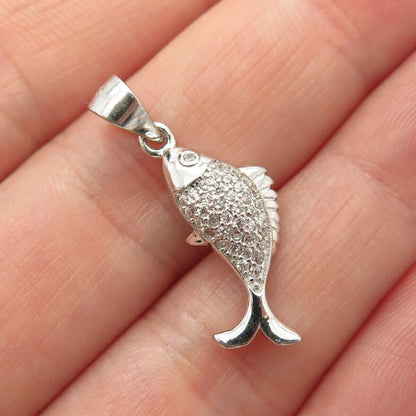 925 Sterling Silver Pave C Z Fish Pendant