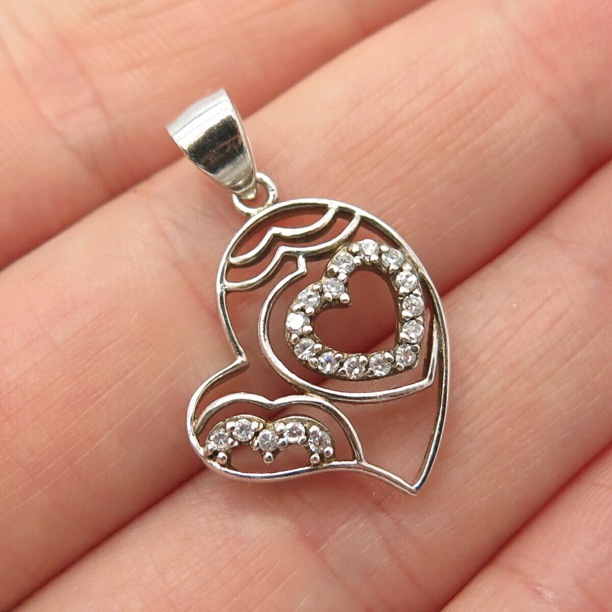 925 Sterling Silver C Z Open Heart Pendant