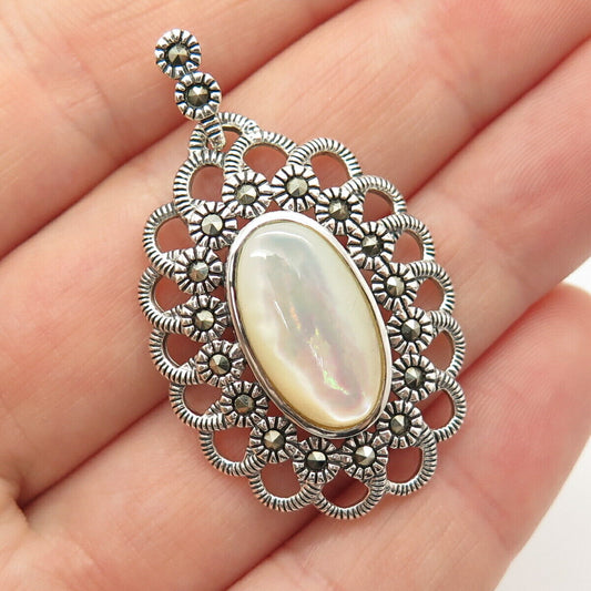 925 Sterling Silver Vintage Real Mother-of-Pearl & Marcasite Gem Pendant