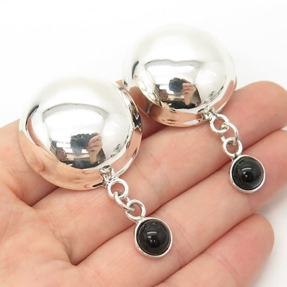 925 Sterling Silver Vintage Mexico Real Black Onyx Gem Dangling Clip On Earrings