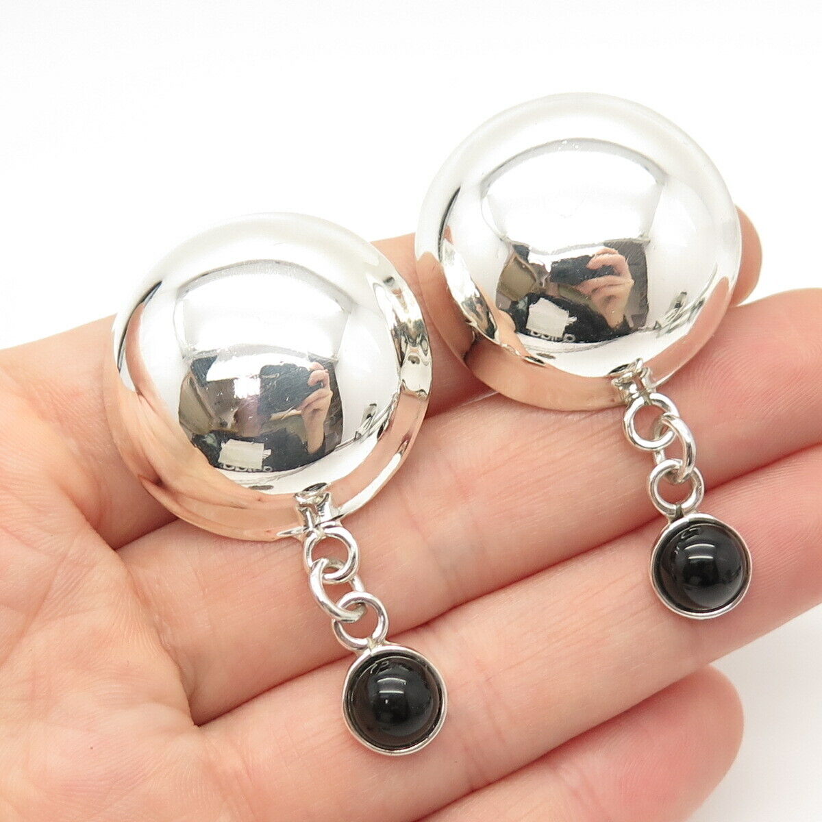 925 Sterling Silver Vintage Mexico Real Black Onyx Gem Dangling Clip On Earrings