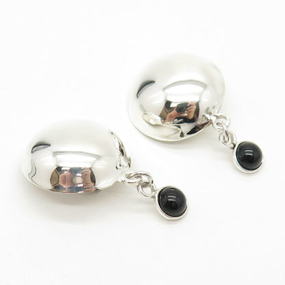 925 Sterling Silver Vintage Mexico Real Black Onyx Gem Dangling Clip On Earrings