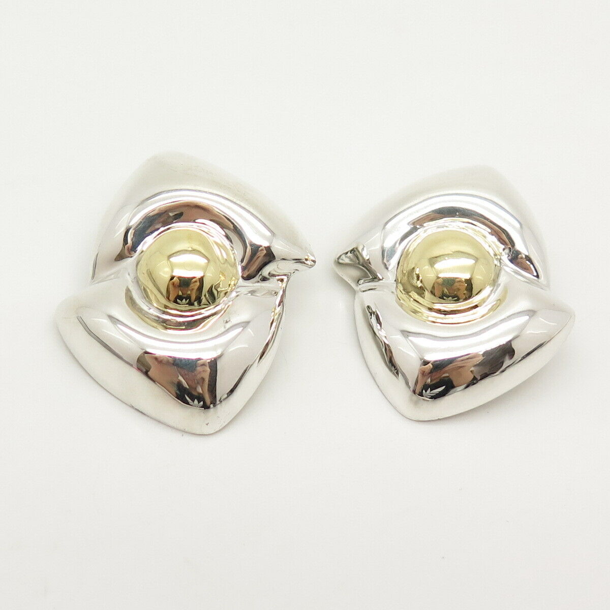 925 Sterling Silver 2-Tone Vintage Mexico Modernist Hollow Clip On Earrings