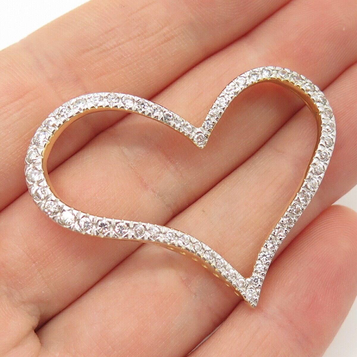 925 Sterling Silver Gold Plated Pave C Z Open Heart Slide Pendant