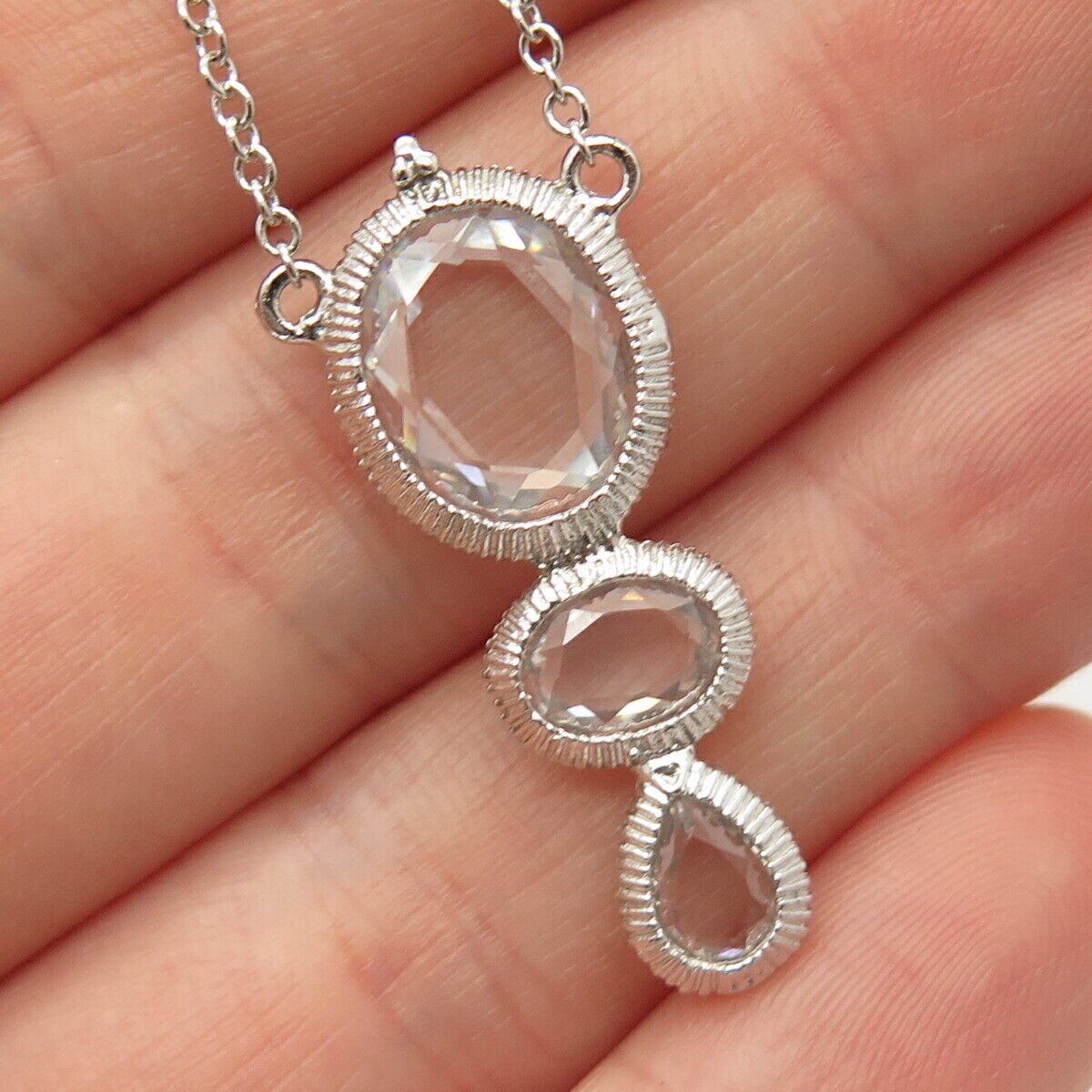 925 Sterling Silver Clear Glass Pendant Rolo Chain Necklace 16"