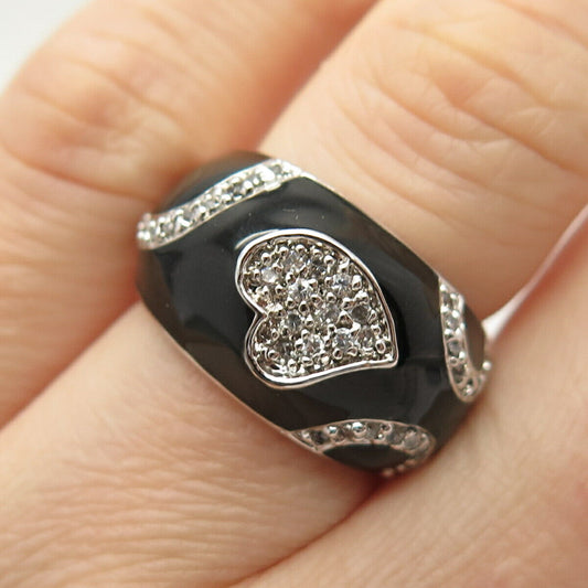 925 Sterling Silver C Z & Black Enamel Heart Ring Size 5 3/4