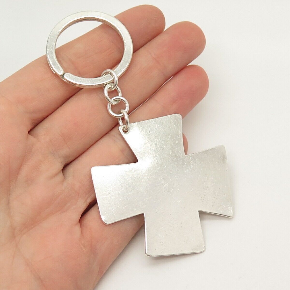 925 Sterling Silver Vintage London Modernist Cross Key Ring