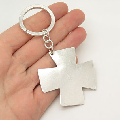 925 Sterling Silver Vintage London Modernist Cross Key Ring