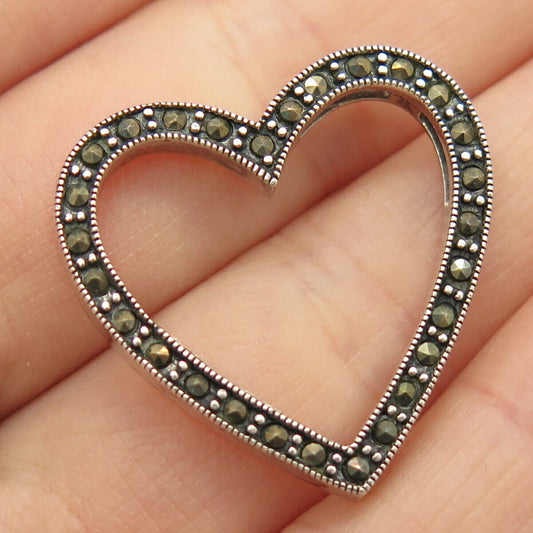 925 Sterling Silver Vintage Real Marcasite Gem Open Heart Slide Pendant