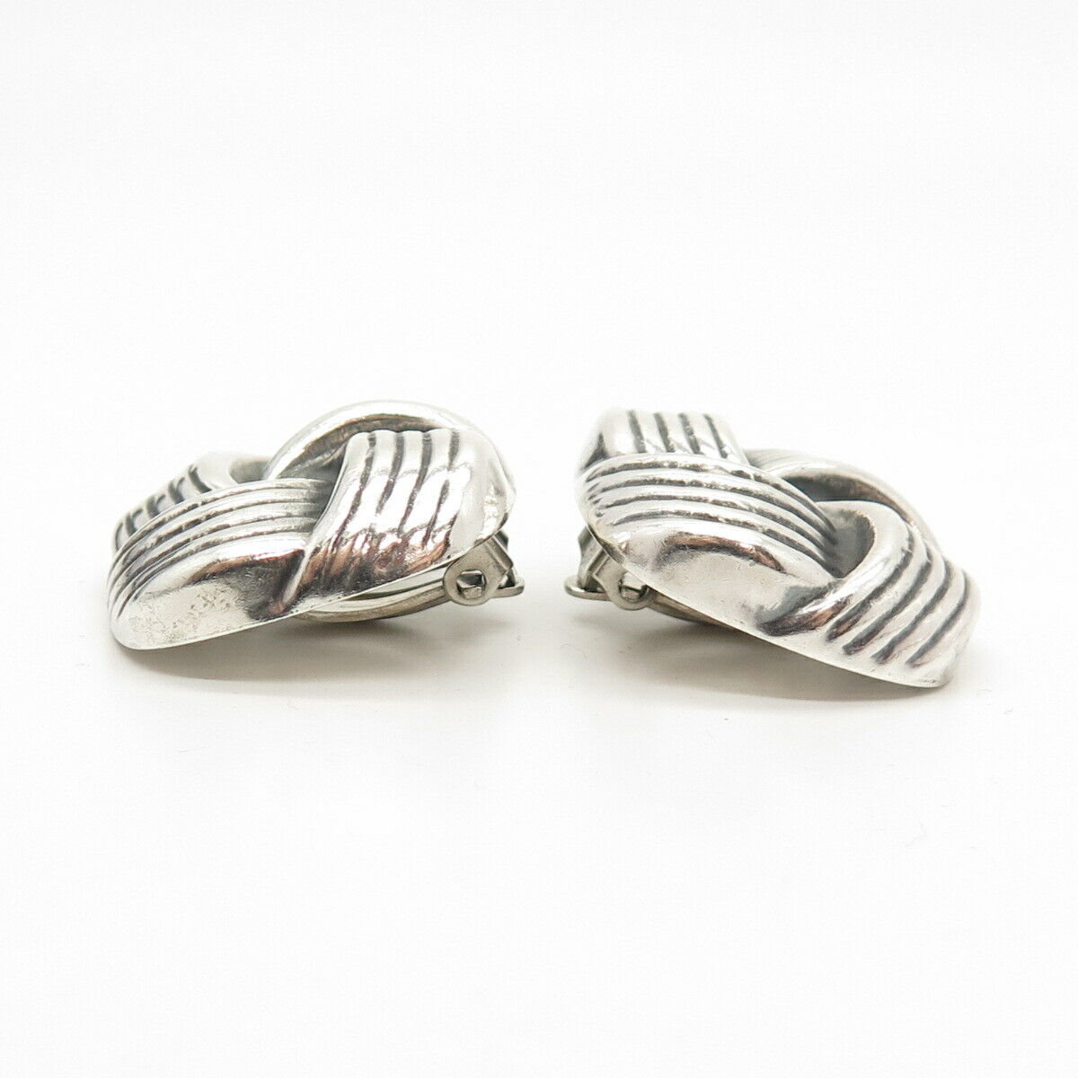 925 Sterling Silver Vintage Mexico Ribbed Knot Clip On Earrings